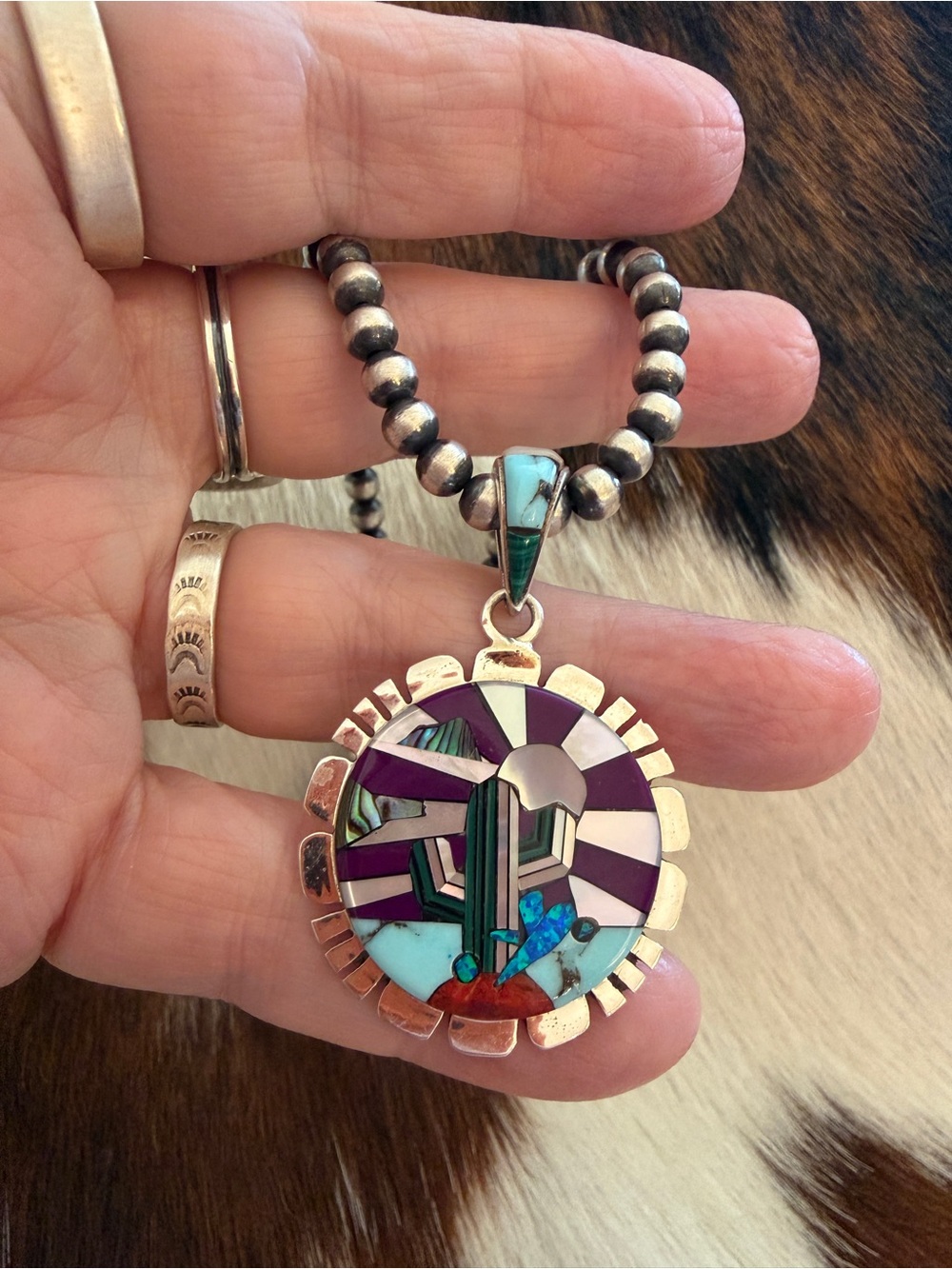 ❤️Signed “K” Galaxy Navajo Sterling Desert Scene Statement Pendant Unisex 1.89”L